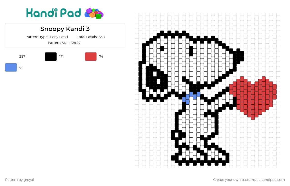 Snoopy Kandi 3 - Pony Bead Pattern by groyal on Kandi Pad - snoopy,peanuts,charlie brown,hearts,dogs,animals,love