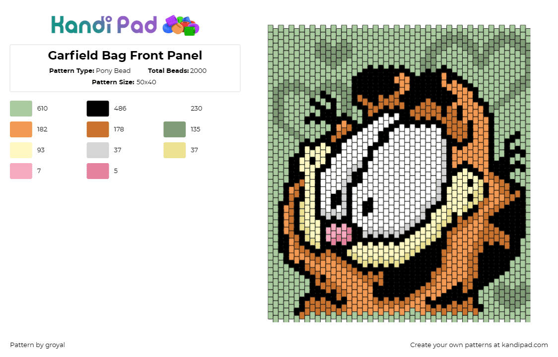 Garfield Bag Front Panel - Pony Bead Pattern by groyal on Kandi Pad - garfield,comic,cat,character,portrait,smile,bag,eyes,panel,orange,green,white