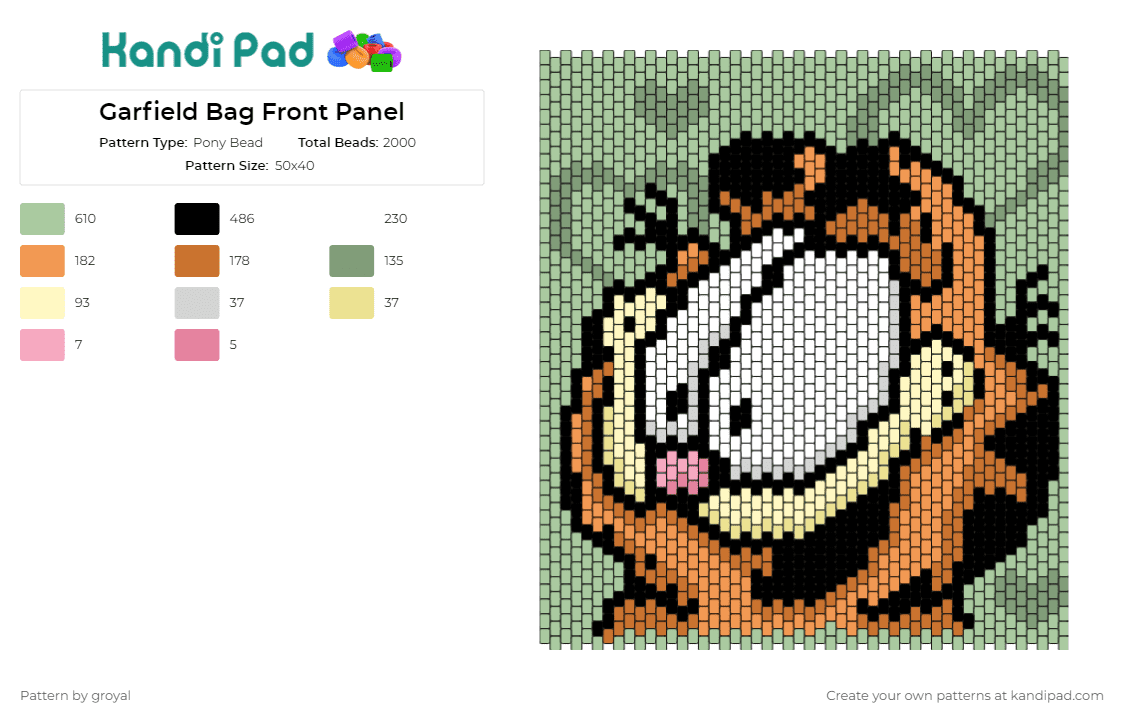 Garfield Bag Front Panel - Pony Bead Pattern by groyal on Kandi Pad - garfield,cats,animals,comics,panel