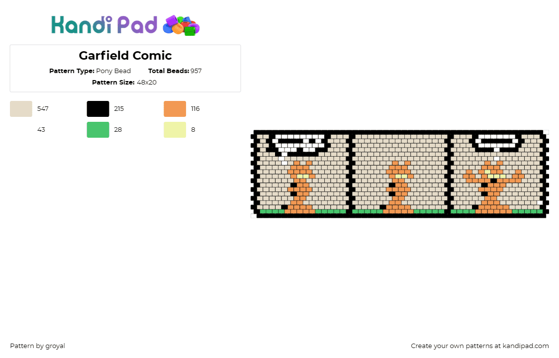 Garfield Comic - Pony Bead Pattern by groyal on Kandi Pad - garfield,comic,panel,cuff,beige,orange