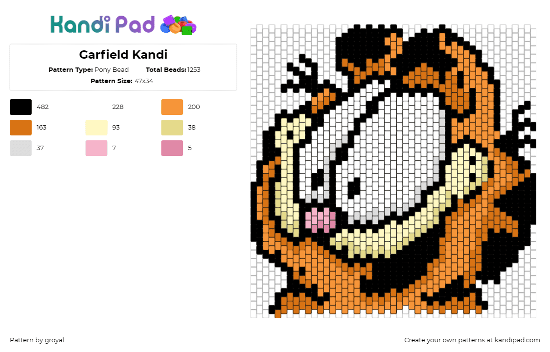 Garfield Kandi - Pony Bead Pattern by groyal on Kandi Pad - garfield,comic,cat,character,portrait,smile,eyes,panel,orange,white