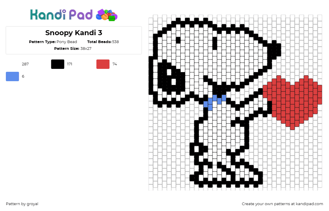 Snoopy Kandi 3 - Pony Bead Pattern by groyal on Kandi Pad - snoopy,peanuts,heart,charlie brown,dog,animal,love,character,valentine,white,red