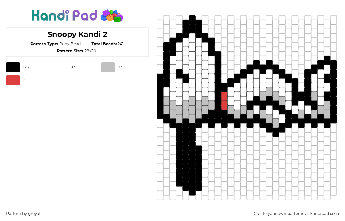 Snoopy Kandi 2 - Pony Bead Pattern by groyal on Kandi Pad - snoopy,peanuts,sleeping,charlie brown,dog,animal,character,white,black