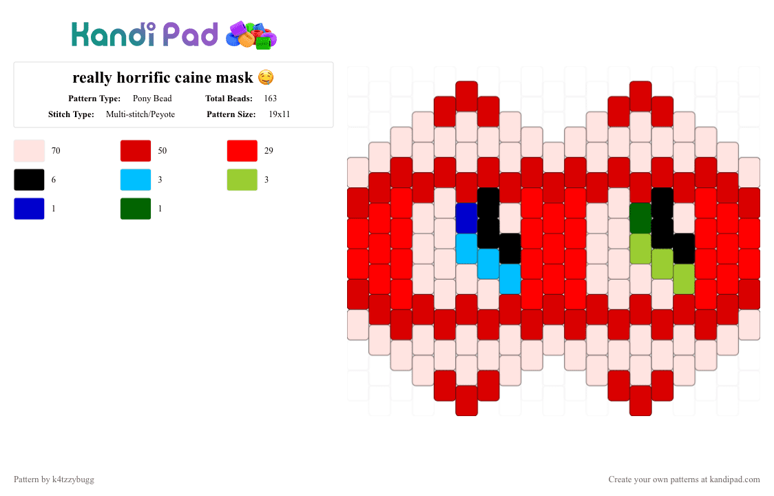 really horrific caine mask 🤤 - Pony Bead Pattern by k4tzzybugg on Kandi Pad - red,tadc,mask,cane tadc,the amazing digital circus