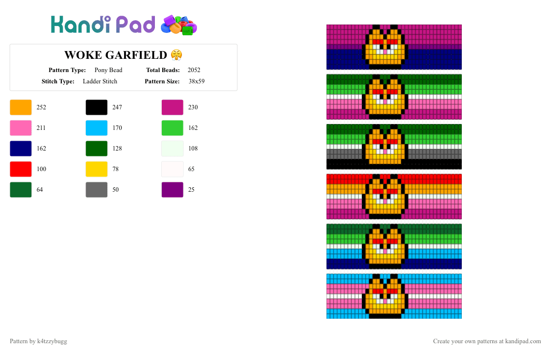 WOKE GARFIELD 😤 - Pony Bead Pattern by k4tzzybugg on Kandi Pad - green,orange,pink,garfield,square stich,lgbtq