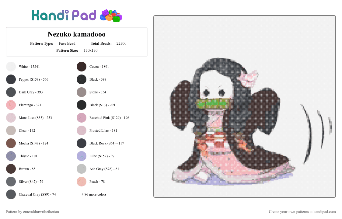Nezuko kamadooo - Fuse Bead Pattern by emeraldrawrthetherian on Kandi Pad - white,beige,gray,brown,colorful