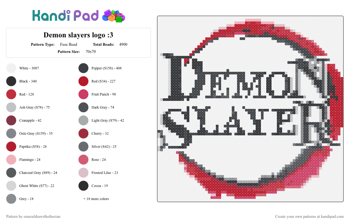 Demon slayers logo :3 - Fuse Bead Pattern by emeraldrawrthetherian on Kandi Pad - white,red,gray
