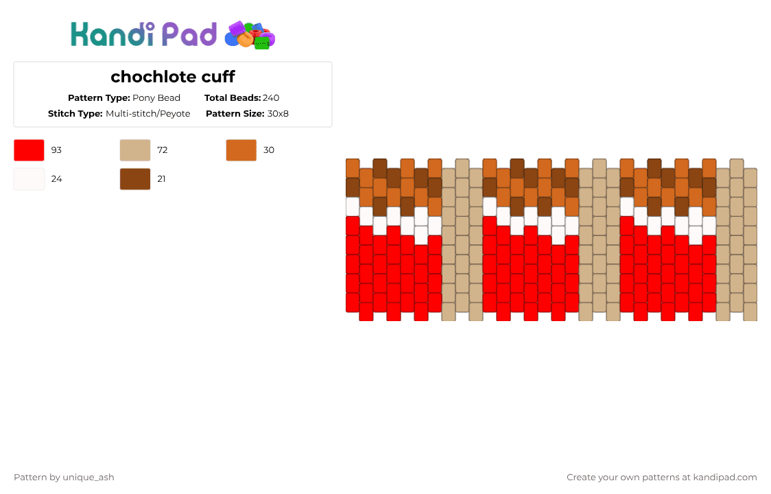 chochlote cuff - Pony Bead Pattern by w31rd0_k1ds_4ppr3nt on Kandi Pad - red,beige,cotdchocolate