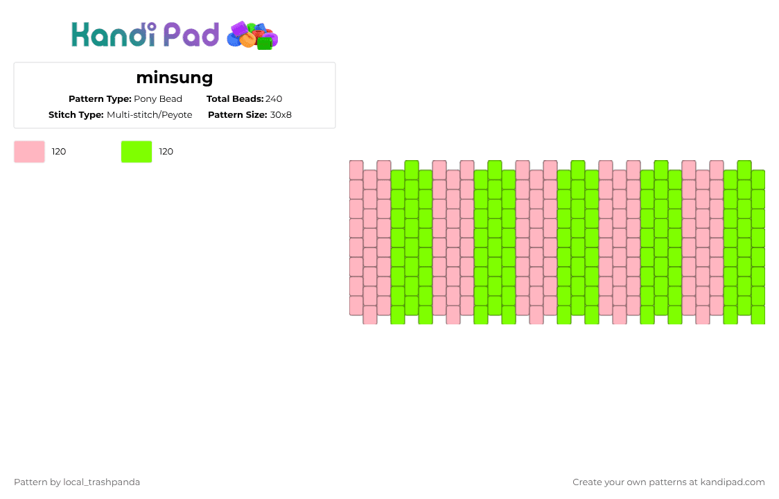minsung - Pony Bead Pattern by w31rd0_k1ds_4ppr3nt on Kandi Pad - cotdcomplementarycolors, green, pink