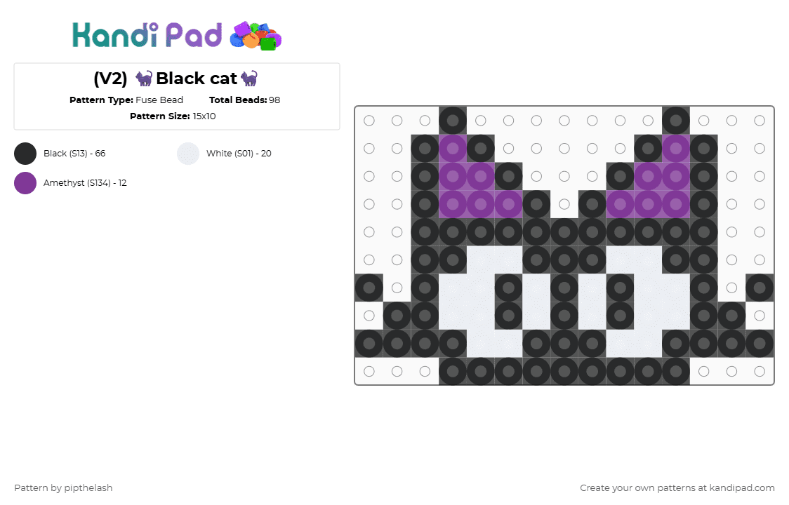 (V2) 🐈‍⬛Black cat🐈‍⬛ - Fuse Bead Pattern by pipthelash on Kandi Pad - black,white,pink,design,cat,crafts,cute,purple