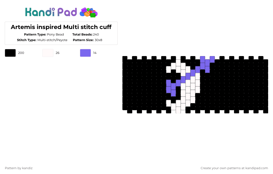 Artemis inspired Multi stitch cuff - Pony Bead Pattern by kandiz on Kandi Pad - black,white,blue
