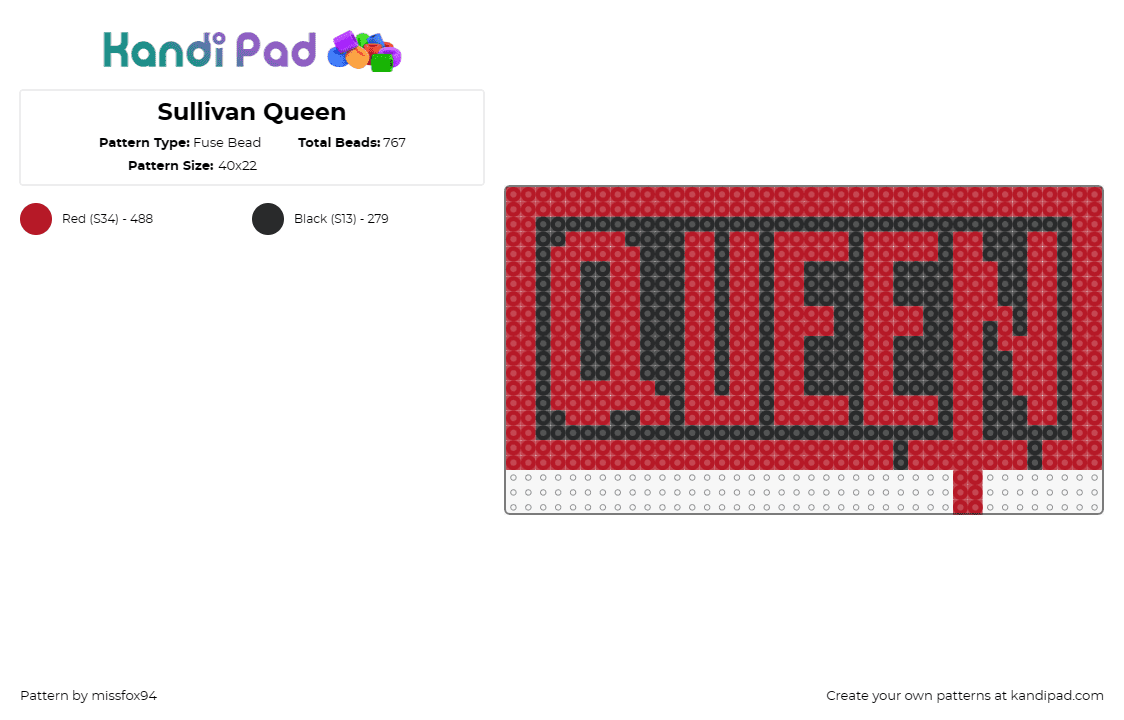 Sullivan Queen - Fuse Bead Pattern by missfox94 on Kandi Pad - sullivan king,queen,dj,guitar,edm,metal,music,bold,energy,powerful,red