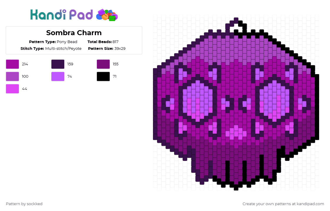 Sombra Charm - Pony Bead Pattern by sockked on Kandi Pad - purple,pink,sombra,overwatch