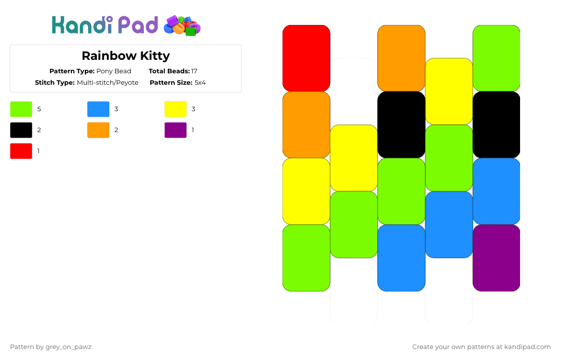 Rainbow Kitty - Pony Bead Pattern by grey_on_pawz on Kandi Pad - green,light blue,yellow,cat,kitty,charm,rainbow,pride,lgbt,lgbtq,lgbtqia