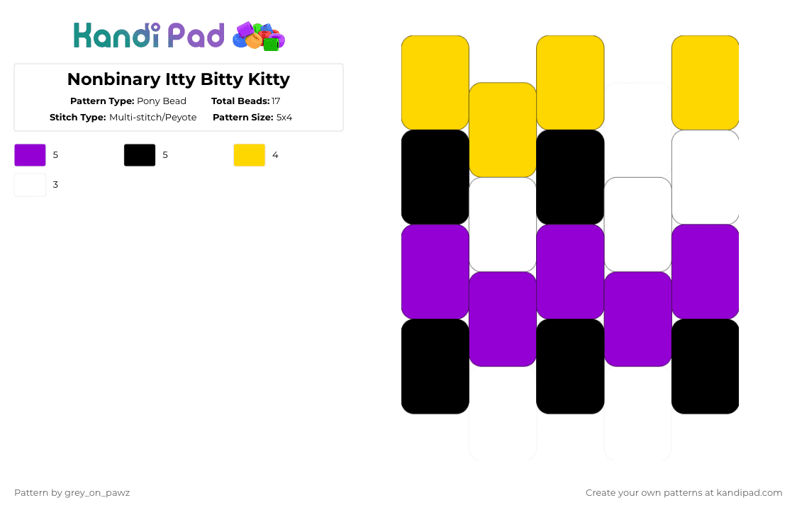 Nonbinary Itty Bitty Kitty - Pony Bead Pattern by grey_on_pawz on Kandi Pad - yellow,purple,cat,kitten,charm,itty,bitty,kitty,nonbinary,pride