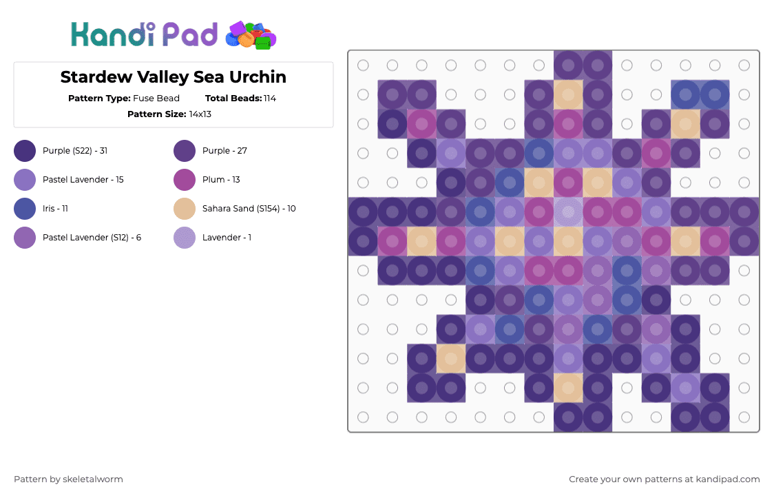 Stardew Valley Sea Urchin - Fuse Bead Pattern by skeletalworm on Kandi Pad - purple,sea urchin,urchin,stardew,stardew valley,fish,fishing,foragable,foraging
