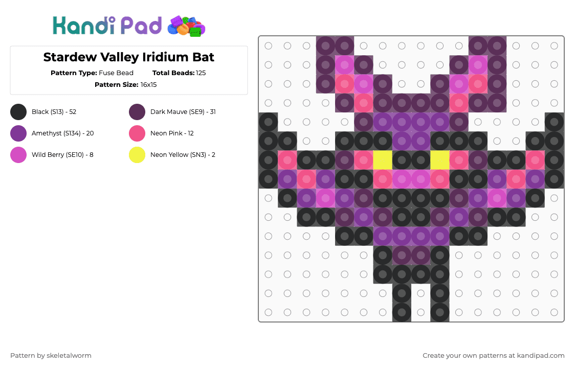 Stardew Valley Iridium Bat - Fuse Bead Pattern by skeletalworm on Kandi Pad - pink,sdv,stardew,stardew valley,iridium,purple,bat,bats