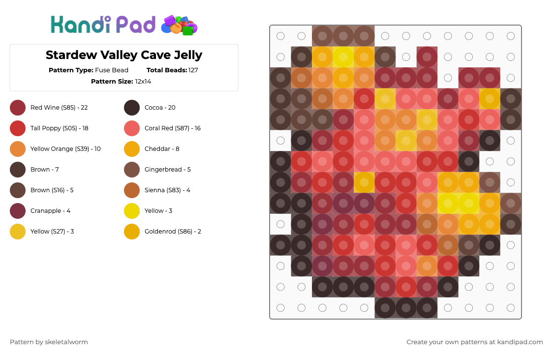 Stardew Valley Cave Jelly - Fuse Bead Pattern by skeletalworm on Kandi Pad - brown,red,cave jelly,jelly,stardew,stardew valley,yellow,fishing,cave