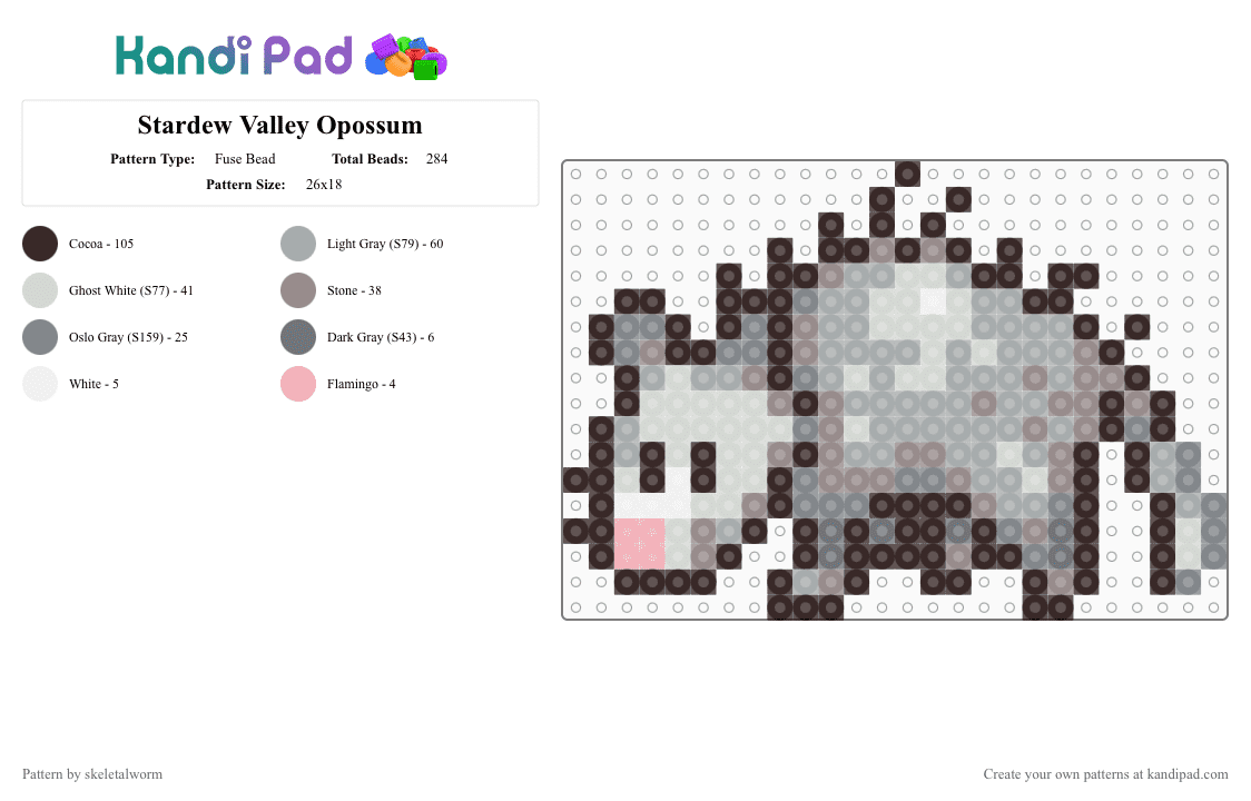 Stardew Valley Opossum - Fuse Bead Pattern by skeletalworm on Kandi Pad - brown, critter, gray, opossum, pixel, sprite, stardew, stardew valley