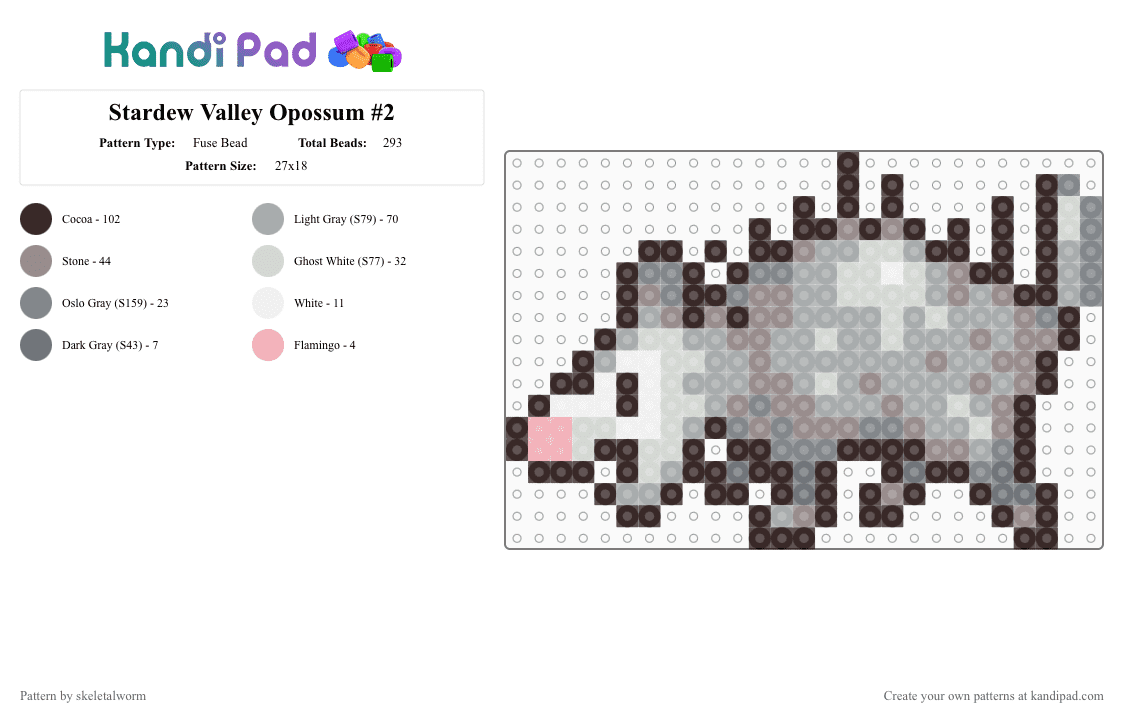Stardew Valley Opossum #2 - Fuse Bead Pattern by skeletalworm on Kandi Pad - brown, gray, opossum, pixel, sprite, stardew, stardew valley