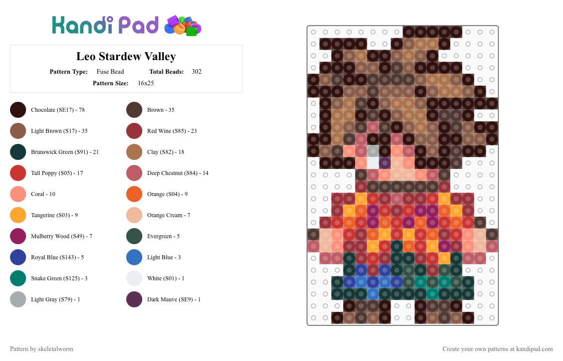 Leo Stardew Valley - Fuse Bead Pattern by skeletalworm on Kandi Pad - brown, character, leo, orange, pixel, red, sprite, stardew, stardew valley, tan