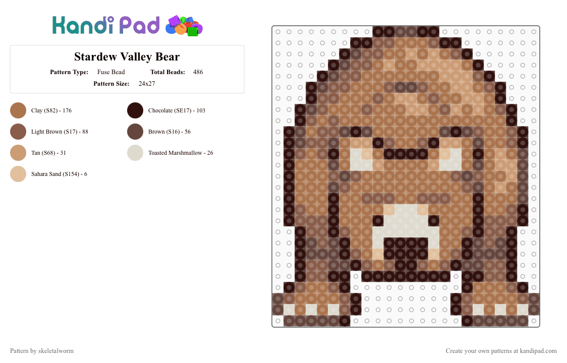 Stardew Valley Bear - Fuse Bead Pattern by skeletalworm on Kandi Pad - brown,tan,bear,bears,stardew,stardew valley,pixel,sprite