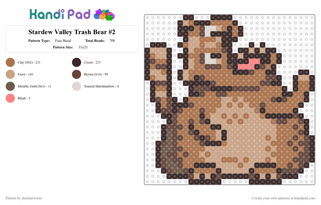 Stardew Valley Trash Bear #2 - Fuse Bead Pattern by skeletalworm on Kandi Pad - brown,tan,stardew,stardew valley,bear,pixel,sprite
