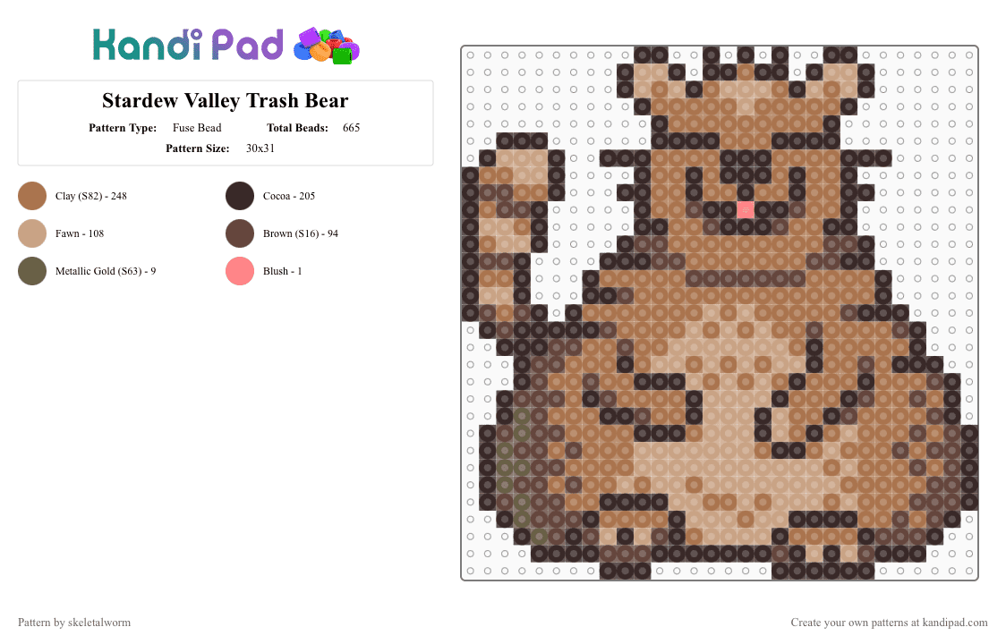 Stardew Valley Trash Bear - Fuse Bead Pattern by skeletalworm on Kandi Pad - bear, brown, pixel, sprite, stardew, stardew valley, tan, trash