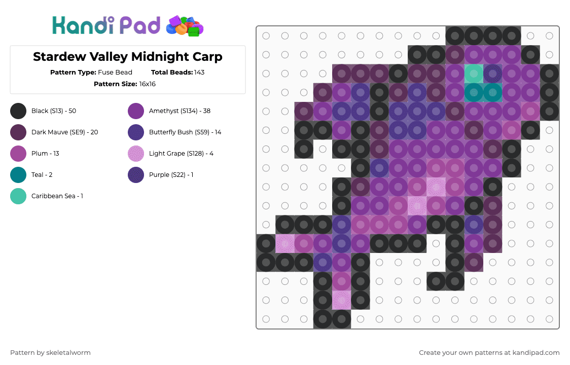 Stardew Valley Midnight Carp - Fuse Bead Pattern by skeletalworm on Kandi Pad - pink,stardew,stardew valley,midnight,carp,fish,fishing,purple,stardew fish