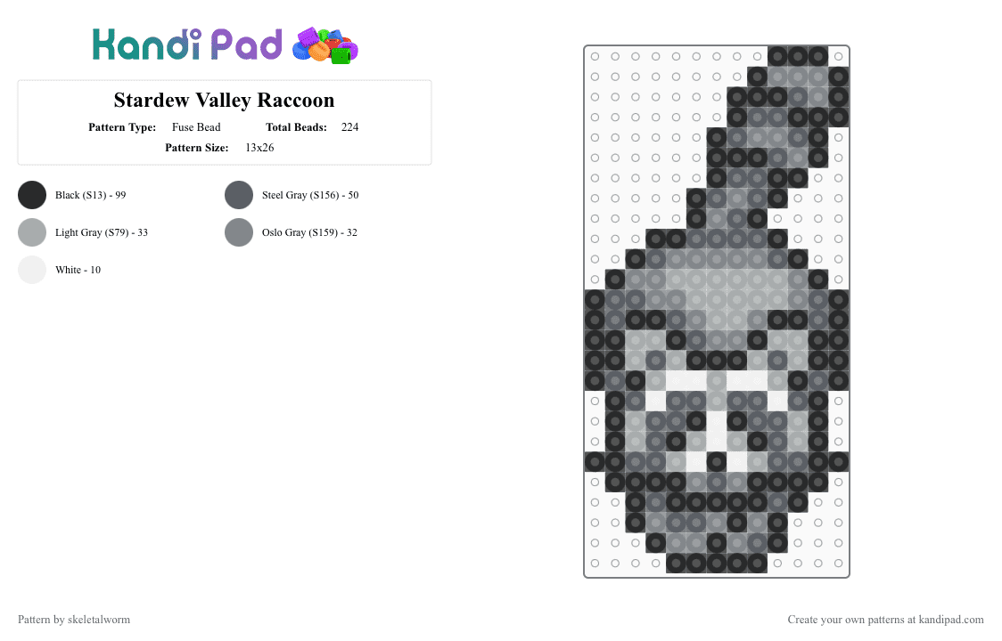 Stardew Valley Raccoon - Fuse Bead Pattern by skeletalworm on Kandi Pad - gray, pixel, raccoon, sprite, stardew, stardew valley