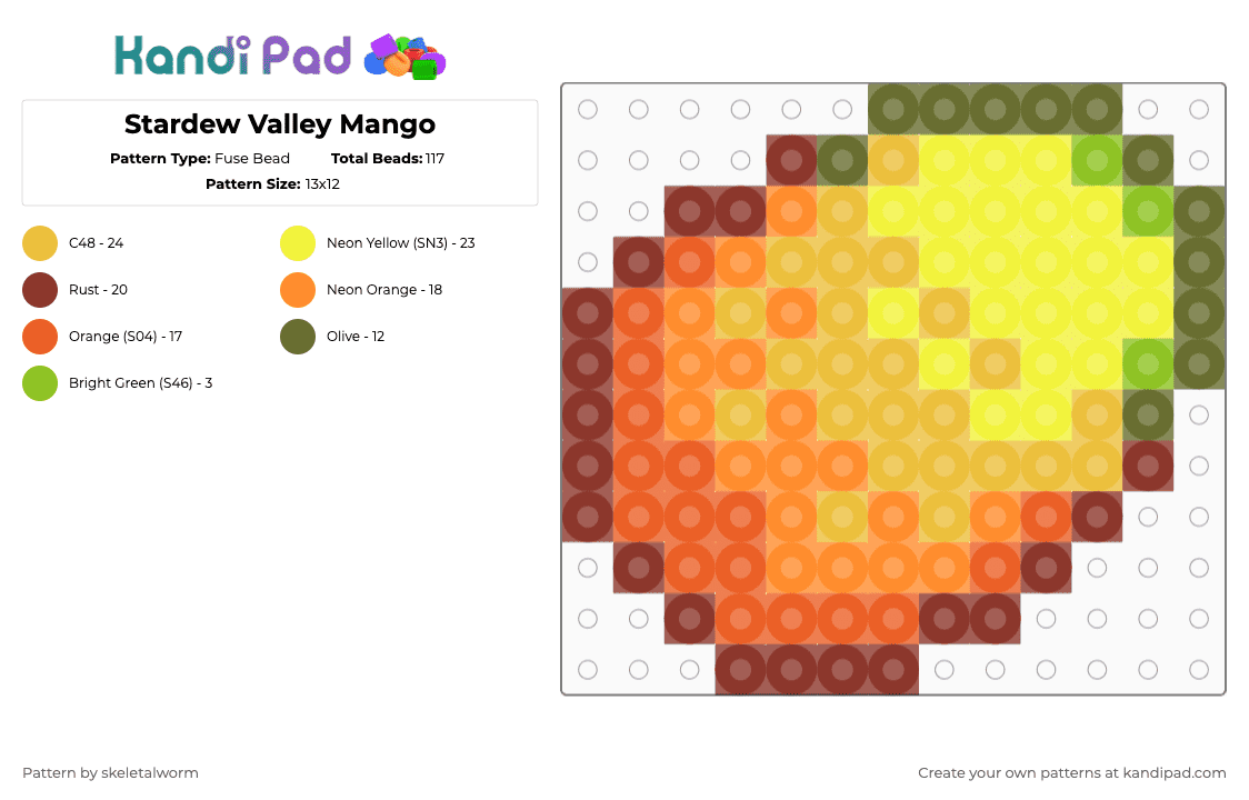 Stardew Valley Mango - Fuse Bead Pattern by skeletalworm on Kandi Pad - orange,yellow,mango,stardew,stardew valley,mango tree,fruit,fruit tree,farming