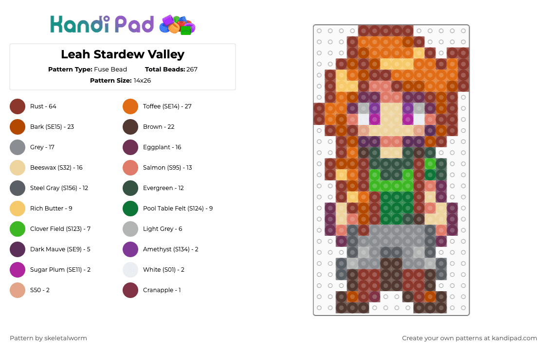 Leah Stardew Valley - Fuse Bead Pattern by skeletalworm on Kandi Pad - red,gray,orange,leah,stardew,stardew valley,sdv,character,video game