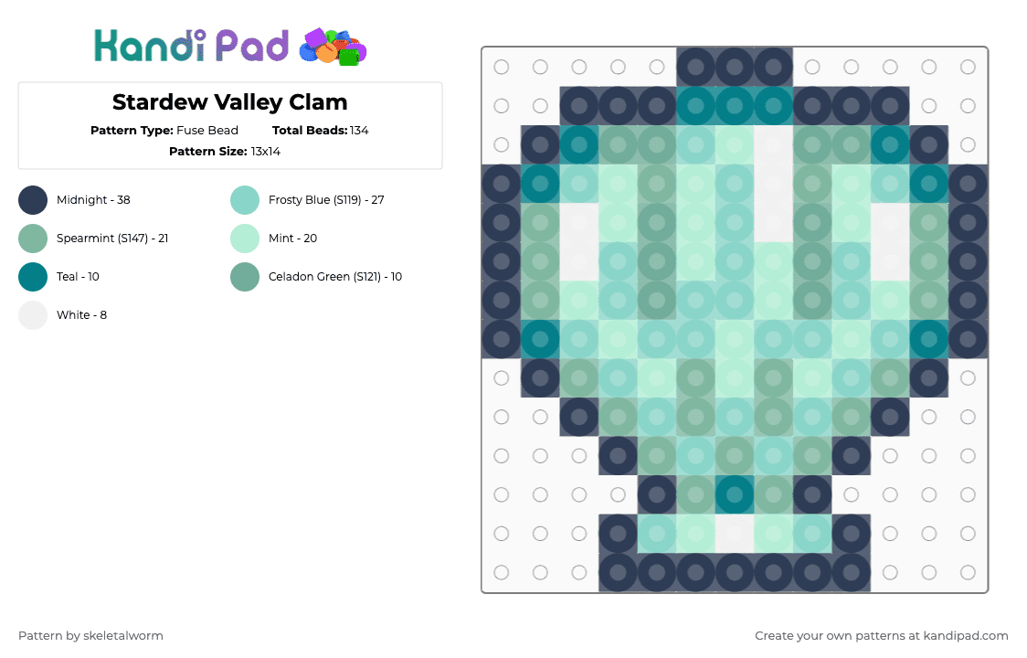Stardew Valley Clam - Fuse Bead Pattern by skeletalworm on Kandi Pad - teal,light blue,clam,stardew,stardew valley,clams,shell,blue