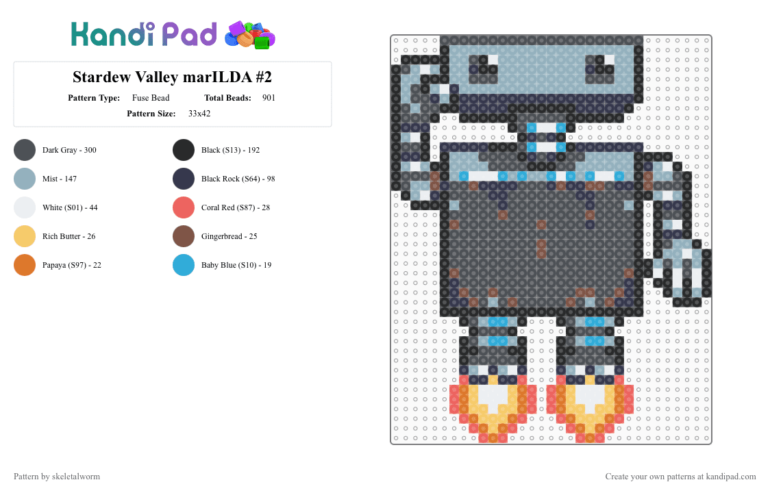 Stardew Valley marILDA #2 - Fuse Bead Pattern by skeletalworm on Kandi Pad - purple,gray,light blue,stardew,stardew valley,character,sprite