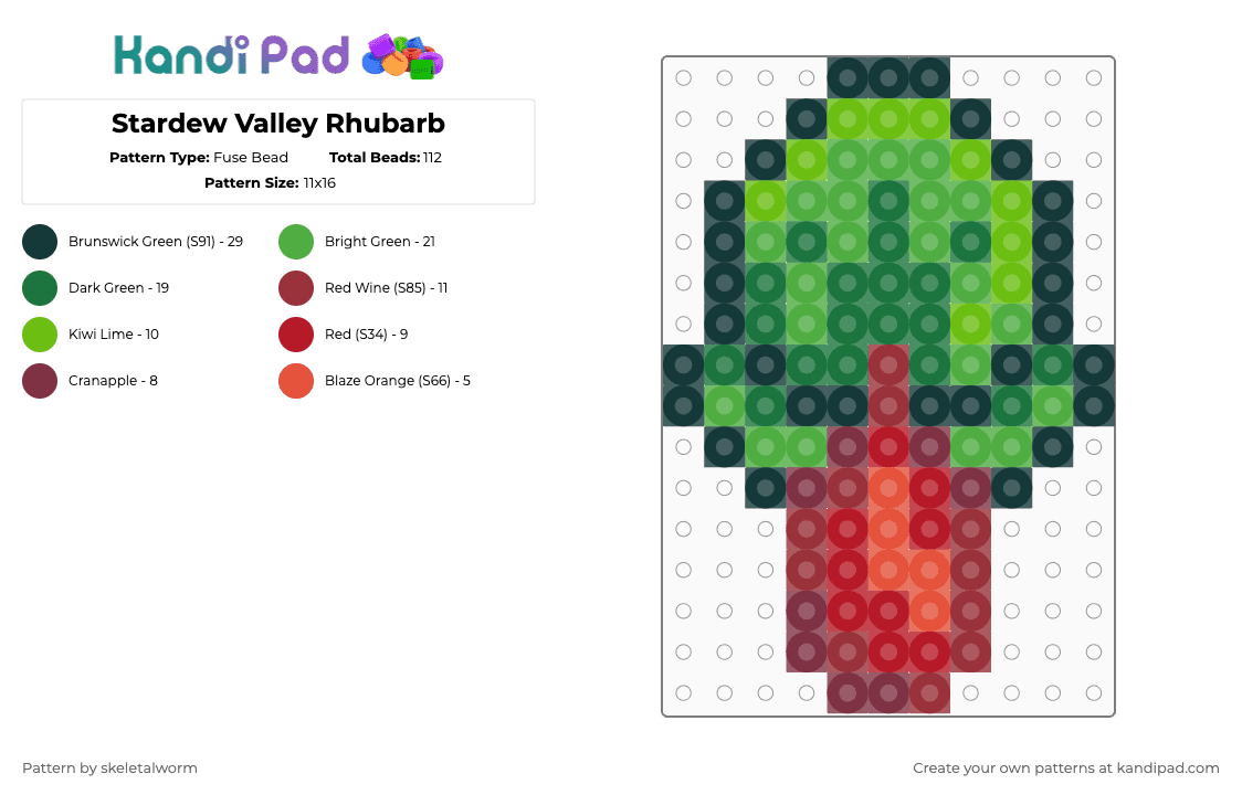 Stardew Valley Rhubarb - Fuse Bead Pattern by skeletalworm on Kandi Pad - green,rhubarb,sdv,stardew,stardew valley,red,vegetable