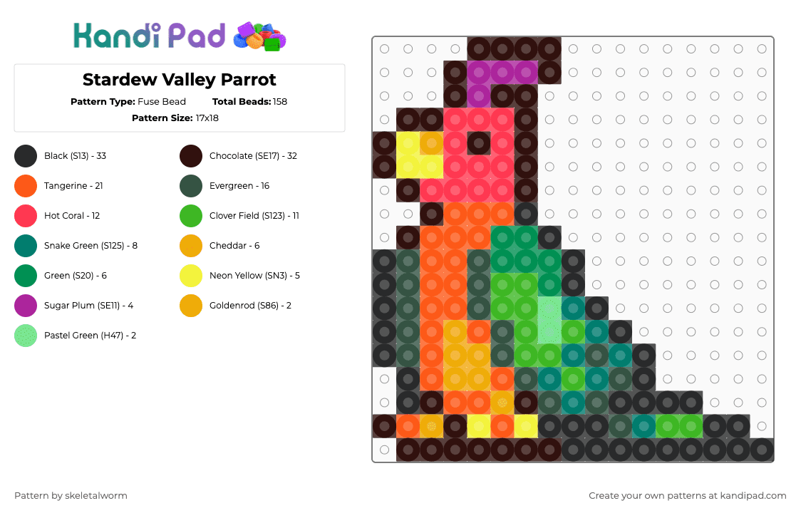 Stardew Valley Parrot - Fuse Bead Pattern by skeletalworm on Kandi Pad - orange,brown,gray,green,stardewvalley,parrot,stardew