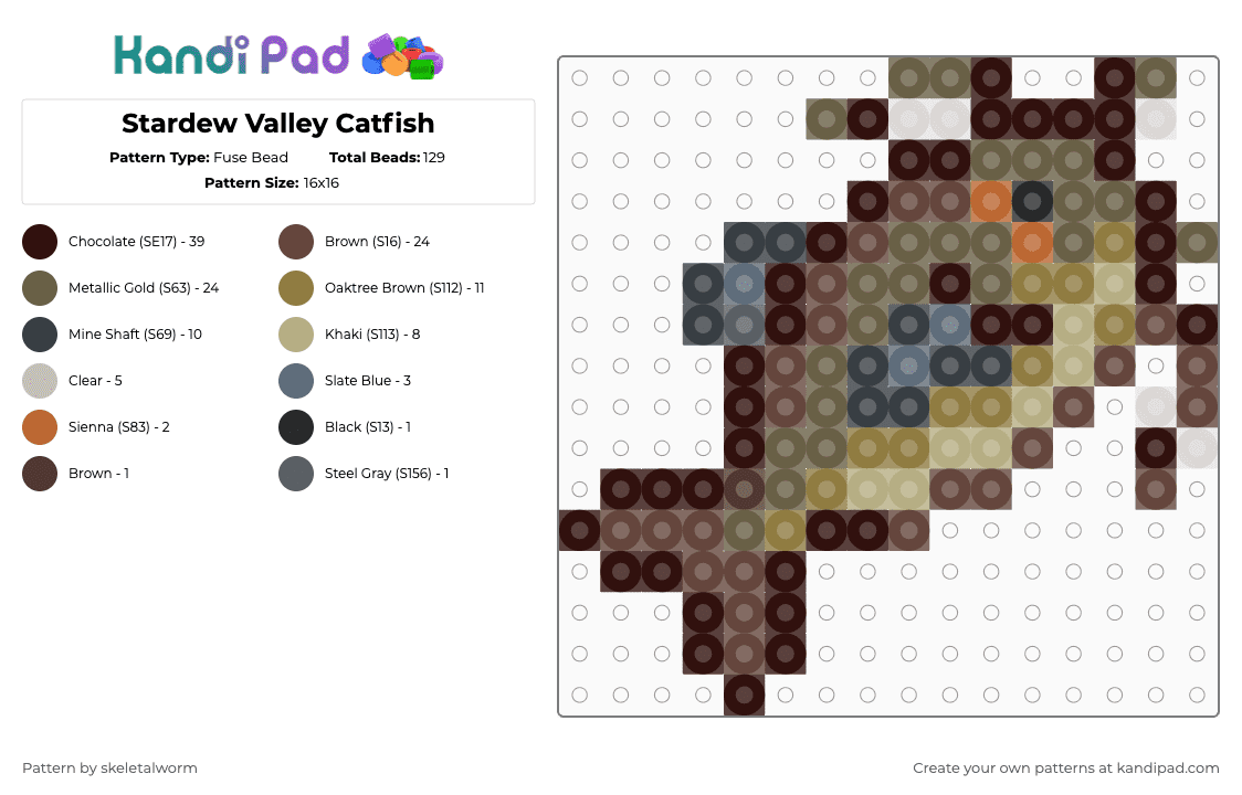 Stardew Valley Catfish - Fuse Bead Pattern by skeletalworm on Kandi Pad - brown, catfish, fish, fishing, stardew, stardew valley, tan
