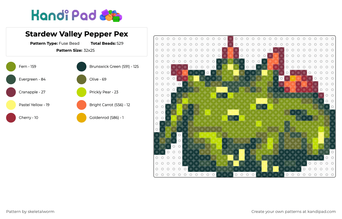 Stardew Valley Pepper Pex - Fuse Bead Pattern by skeletalworm on Kandi Pad - gray,gold,stardew,stardew valley,sdv,dino,dinosaur,green