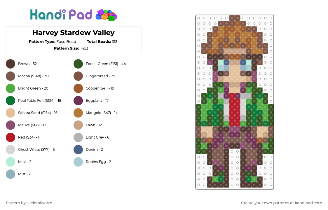 Harvey Stardew Valley - Fuse Bead Pattern by skeletalworm on Kandi Pad - green,tan,colorful,harvey,stardew,stardew valley,sdv,character,sprite