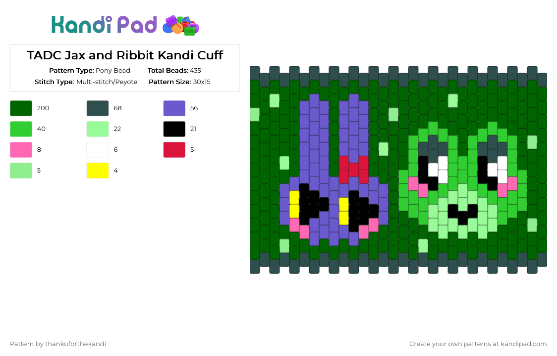 TADC Jax and Ribbit Kandi Cuff - Pony Bead Pattern by thankuforthekandi on Kandi Pad - blue,green,gray,the amazing digital circus,tadc,jax,ribbit,pomni,gooseworx,ragatha,kinger