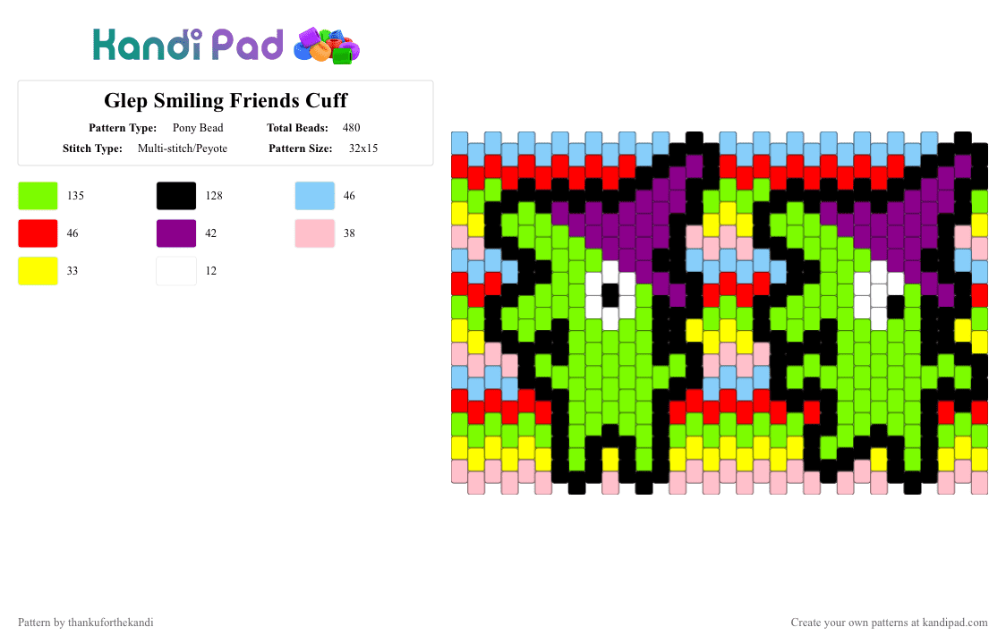 Glep Smiling Friends Cuff - Pony Bead Pattern by thankuforthekandi on Kandi Pad - pink,green,glep,smilingfriends,adultcartoon,adultswim,cartoon,funny