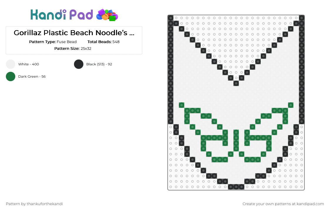 Gorillaz Plastic Beach Noodle’s Mask Perler - Fuse Bead Pattern by thankuforthekandi on Kandi Pad - 2d, band, gorillaz, murdoc niccals, music, noodle, plastic beach, russel hobbs, white