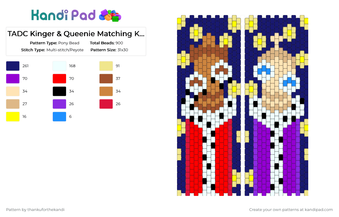 TADC Kinger & Queenie Matching Kandi Cuff - Pony Bead Pattern by thankuforthekandi on Kandi Pad - purple,yellow,red,the amazing digital circus,gooseworx,glitch productions,kinger,queenie,matching,pomni,tadc