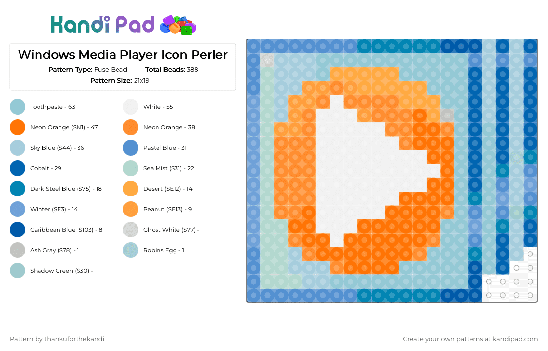 Windows Media Player Icon Perler - Fuse Bead Pattern by thankuforthekandi on Kandi Pad - light blue,orange,frutiger aero,frutiger metro,dorfic,windows,nostalgic,y2k,media,aesthetic