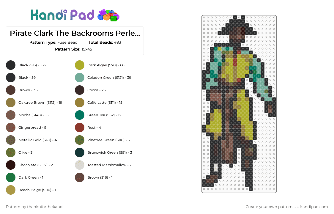 Backrooms Pirate Clark Perler (Full Body) - Fuse Bead Pattern by thankuforthekandi on Kandi Pad - black,brown,green,gold,colorful,the backrooms,backrooms,internet horror,horror movie,creepy pasta,horror,scary,movie