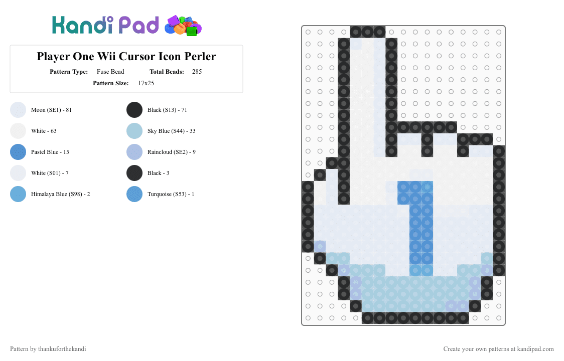 Player One Wii Cursor Icon Perler - Fuse Bead Pattern by thankuforthekandi on Kandi Pad - white,light blue,frutiger aero,technozen,wii,nintendo,y2k,gaming,nostalgic,console