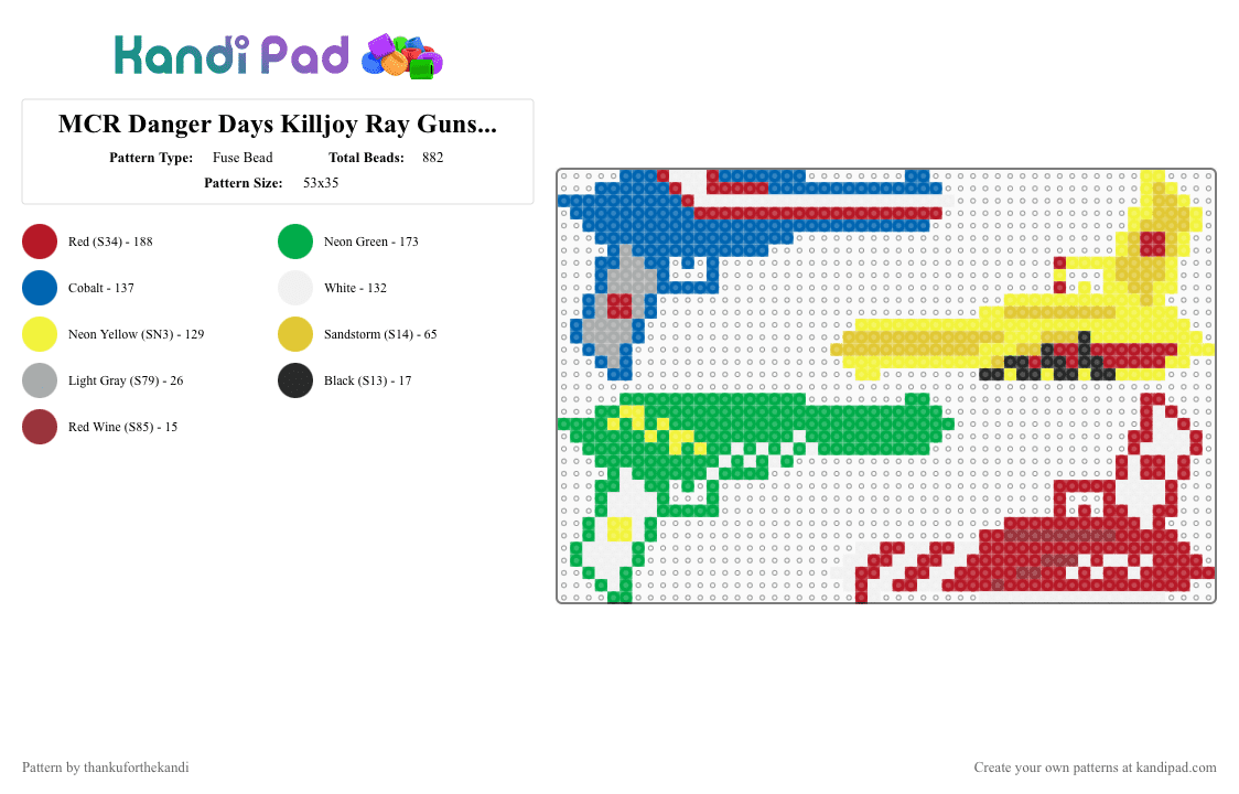 MCR Danger Days Killjoy Ray Guns Perler - Fuse Bead Pattern by thankuforthekandi on Kandi Pad - blue, danger days, frank iero, gerard way, green, mcr, mikey way, music, my chemical romance, ray toro, red, yellow