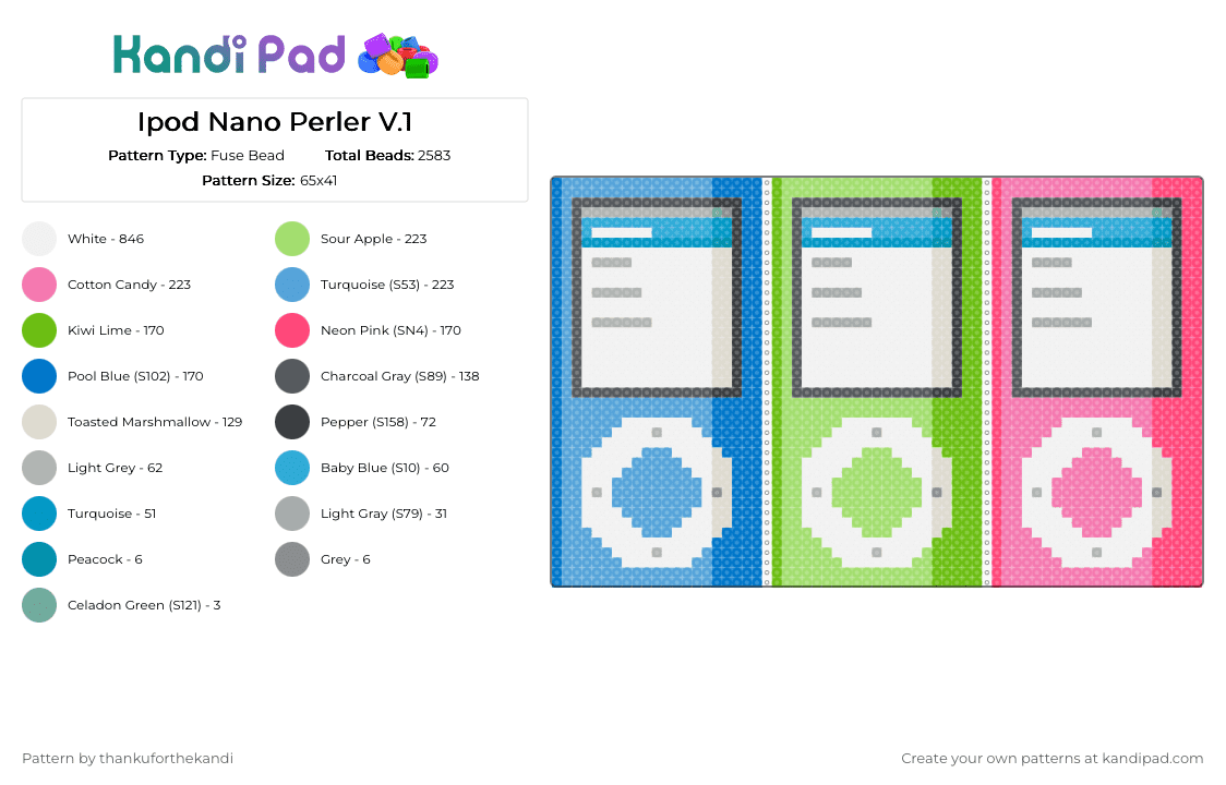 Ipod Nano Perler V.1 - Fuse Bead Pattern by thankuforthekandi on Kandi Pad - green,beige,light blue,pink,frutiger aero,frutiger metro,ipod,music,y2k,aesthetic,media,nostalgic
