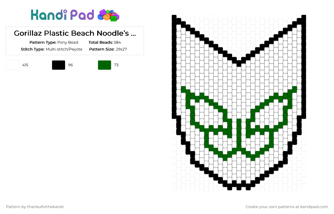 Gorillaz Plastic Beach Noodle’s Mask Kandi - Pony Bead Pattern by thankuforthekandi on Kandi Pad - white,gorillaz,noodle,music,band,plastic beach,russel hobbs,murdoc niccals,2d