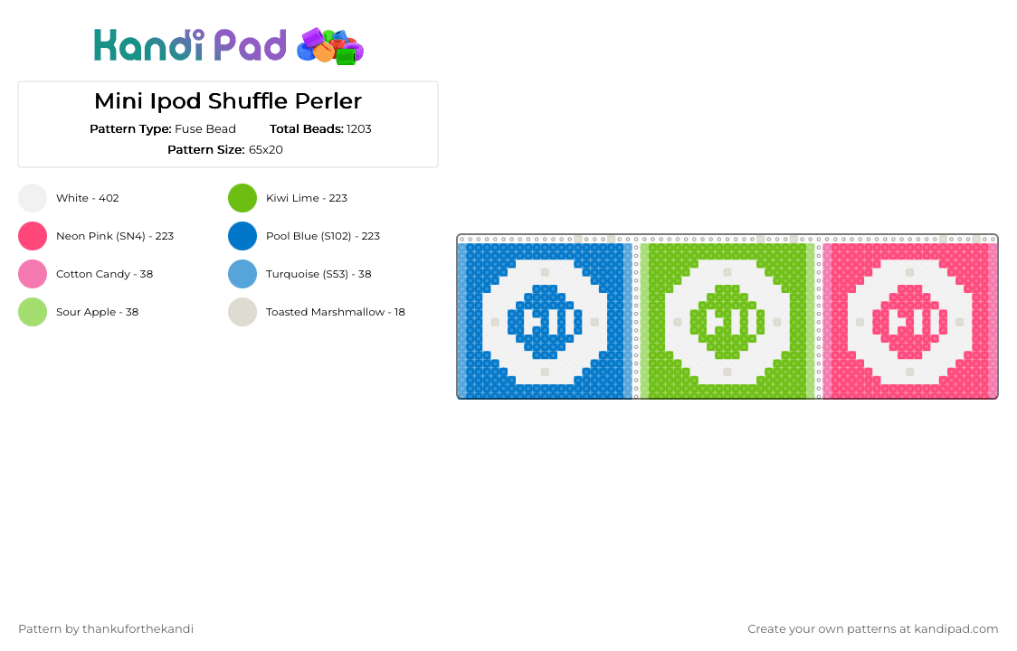 Mini Ipod Shuffle Perler - Fuse Bead Pattern by thankuforthekandi on Kandi Pad - green,red,blue,frutiger aero,frutiger metro,y2k,music,aesthetic,media,nostalgic,ipod